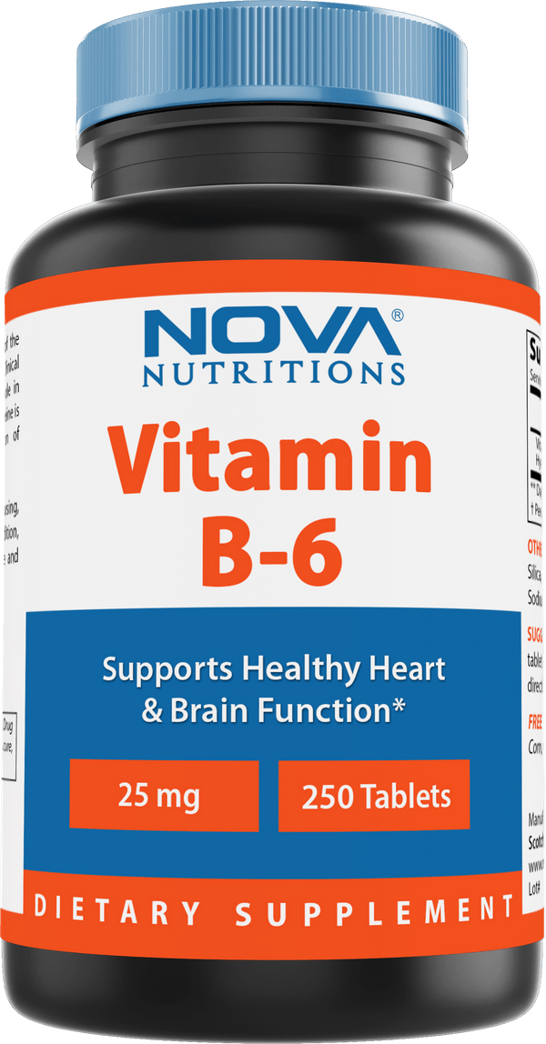 Nova Nutritions Vitamin B6 25 mg - Supports Healthy Nervous System, Metabolism & Cell Health - 250 Tablets - Nova Nutritions