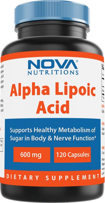 Nova Nutritions Alpha Lipoic Acid ALA 600 mg (Non-GMO) for Healthy Blood Sugar Support & Antioxidant Support, 120 Capsules