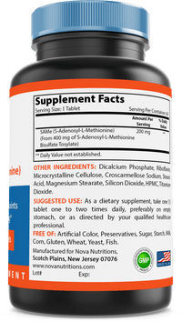 Nova Nutritions Same (S-Adenosylmethionine) 200mg - Promotes Positive Mood and Joint Comfort - (Genuine Same Supplement has Typical Smell of Naturally Occurring Sulfur in it), 60 Tablets - Nova Nutritions