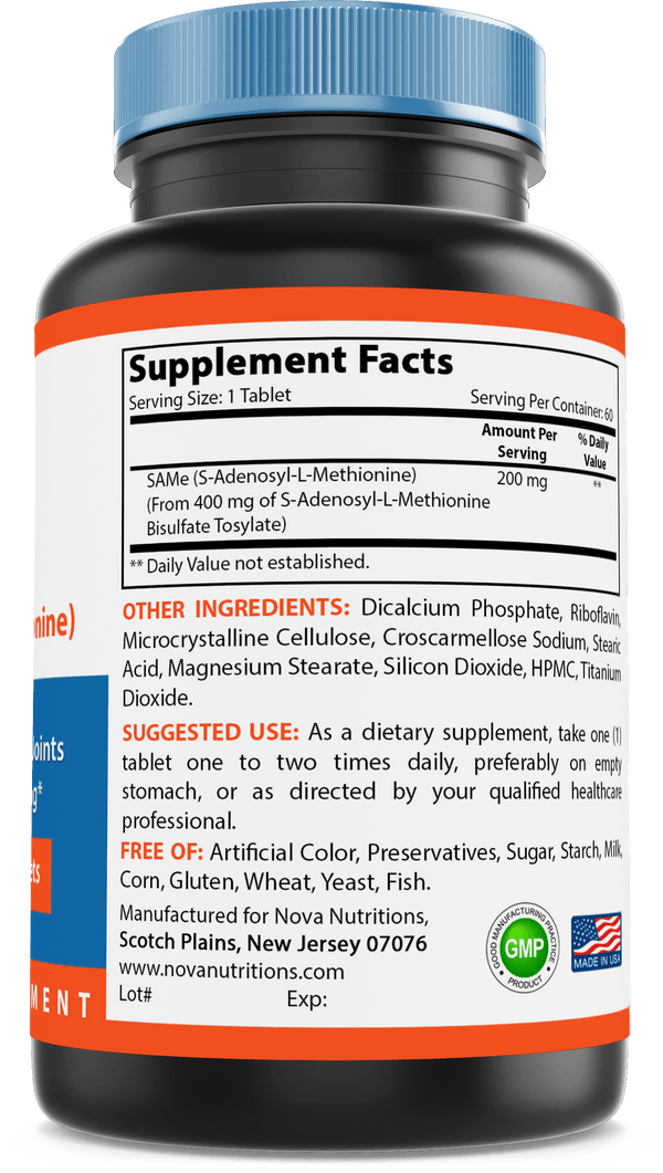 Nova Nutritions Same (S-Adenosylmethionine) 200mg - Promotes Positive Mood and Joint Comfort - (Genuine Same Supplement has Typical Smell of Naturally Occurring Sulfur in it), 60 Tablets - Nova Nutritions