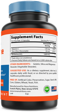 Nova Nutritions Berberine Plus 1000 mg per Serving (Non-GMO) 120 Capsules - Promotes Healthy Blood Sugar Level - Nova Nutritions
