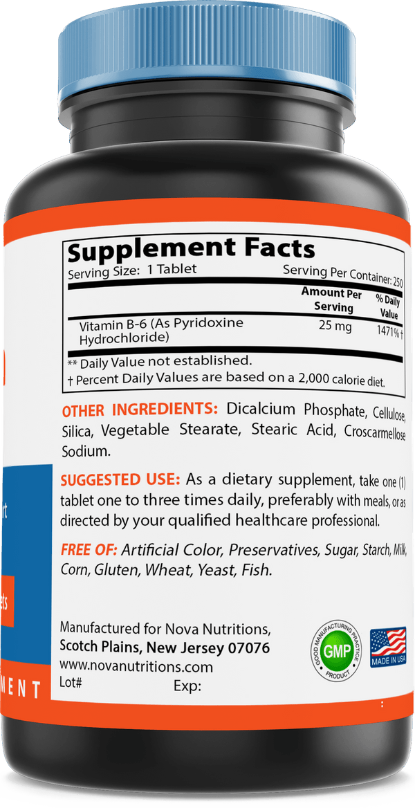 Nova Nutritions Vitamin B6 25 mg 250 Tablets - Nova Nutritions