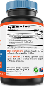 Nova Nutritions Cranberry Urinary Tract Health Dietary Supplement, 12600mg Vegetarian Craberry Pills with Vitamin C & Vitamin E, Helps Cleanse & Protect The Urinary Tract, 180 Count - Nova Nutritions