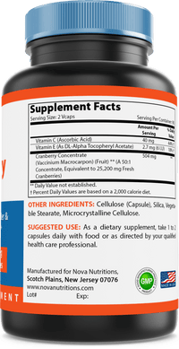 Nova Nutritions Cranberry Urinary Tract Health Dietary Supplement, 12600mg Vegetarian Craberry Pills with Vitamin C & Vitamin E, Helps Cleanse & Protect The Urinary Tract, 180 Count - Nova Nutritions
