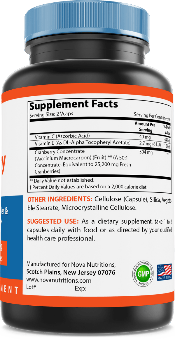 Nova Nutritions Cranberry Urinary Tract Health Dietary Supplement, 12600mg Vegetarian Craberry Pills with Vitamin C & Vitamin E, Helps Cleanse & Protect The Urinary Tract, 180 Count - Nova Nutritions