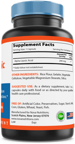 Nova Nutritions Alpha Lipoic Acid ALA 200 mg (Non-GMO) for Healthy Blood Sugar Support & Antioxidant Support, 120 Capsules - Nova Nutritions