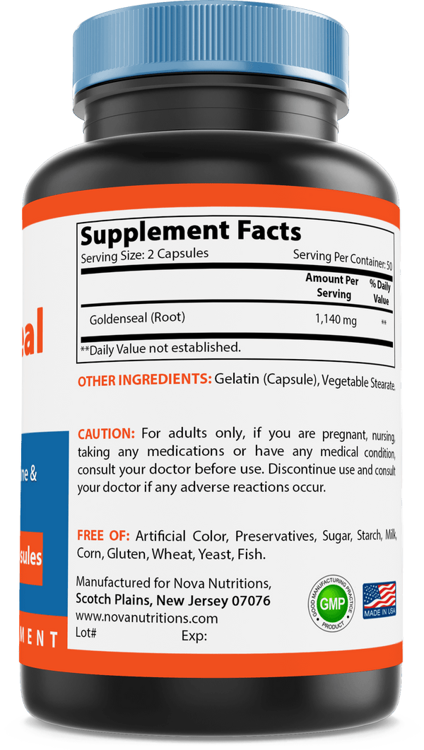 Nova Nutritions Goldenseal Root 570mg (Non-GMO) Capsules, Promotes Healthy Immune & Overall Wellness, 100 Count - Nova Nutritions