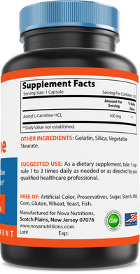 Nova Nutritions Acetyl L-Carnitine 500mg Capsules - Helps Maintain Healthy Brain Function, 120 Count - Nova Nutritions