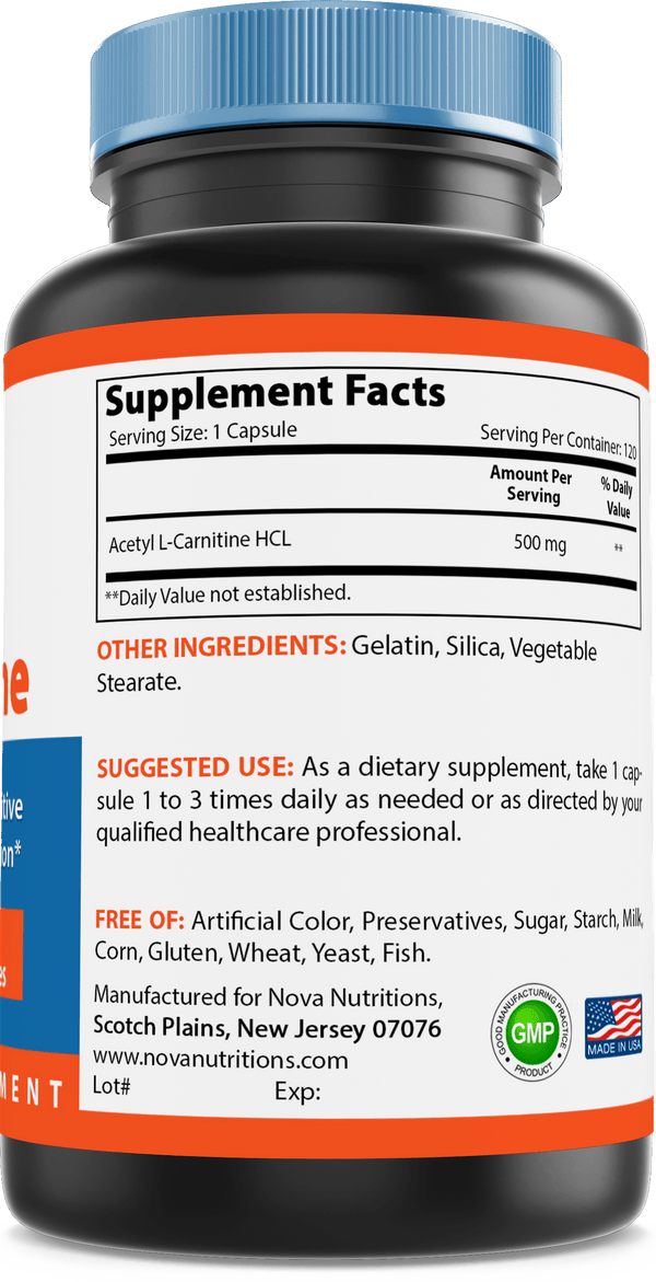 Nova Nutritions Acetyl L-Carnitine 500mg Capsules - Helps Maintain Healthy Brain Function, 120 Count - Nova Nutritions