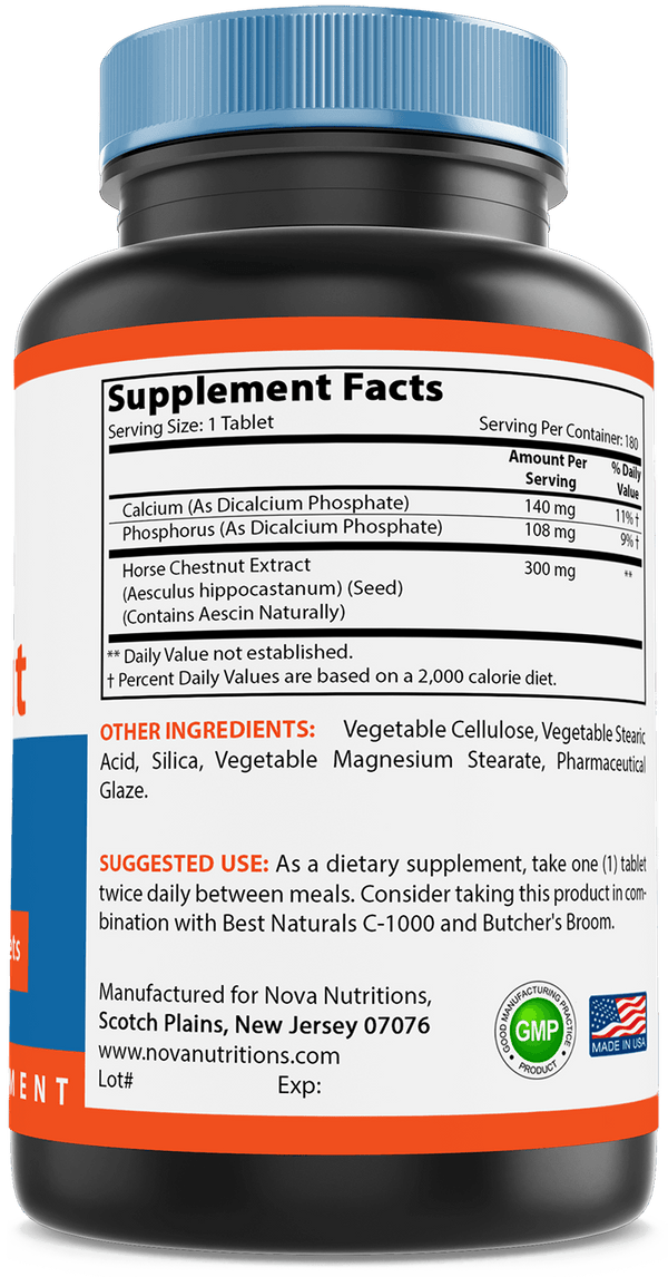 Nova Nutritions Horse Chestnut Seed Extract 300 mg (Non-GMO) Tablets Naturally Contains Aescin Which Promotes Healthy Leg Vein & Circulation 180 Count - Nova Nutritions
