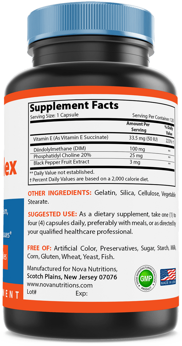Nova Nutritions DIM Complex 100 mg Capsule made with Diindolyl Methane, Phosphatdyl Choline, & Black Pepper Extract 120 Count - Nova Nutritions