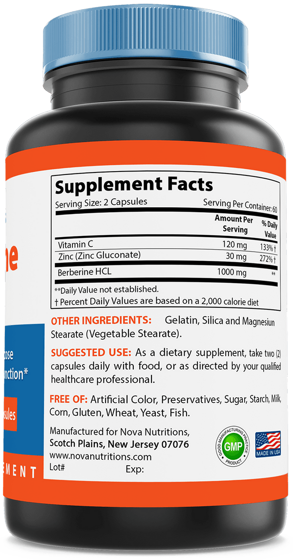 Nova Nutritions Berberine Plus 1000 mg per Serving (Non-GMO) 120 Capsules - Promotes Healthy Blood Sugar Level - Nova Nutritions