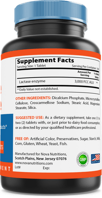 Nova Nutritions Lactase Enzyme 3000 FCC ALU 180 Tablets - Nova Nutritions
