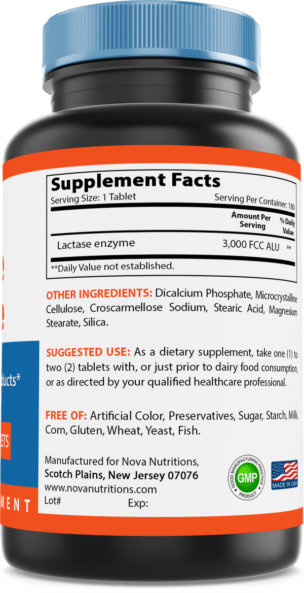 Nova Nutritions Lactase Enzyme 3000 FCC ALU 180 Tablets - Nova Nutritions