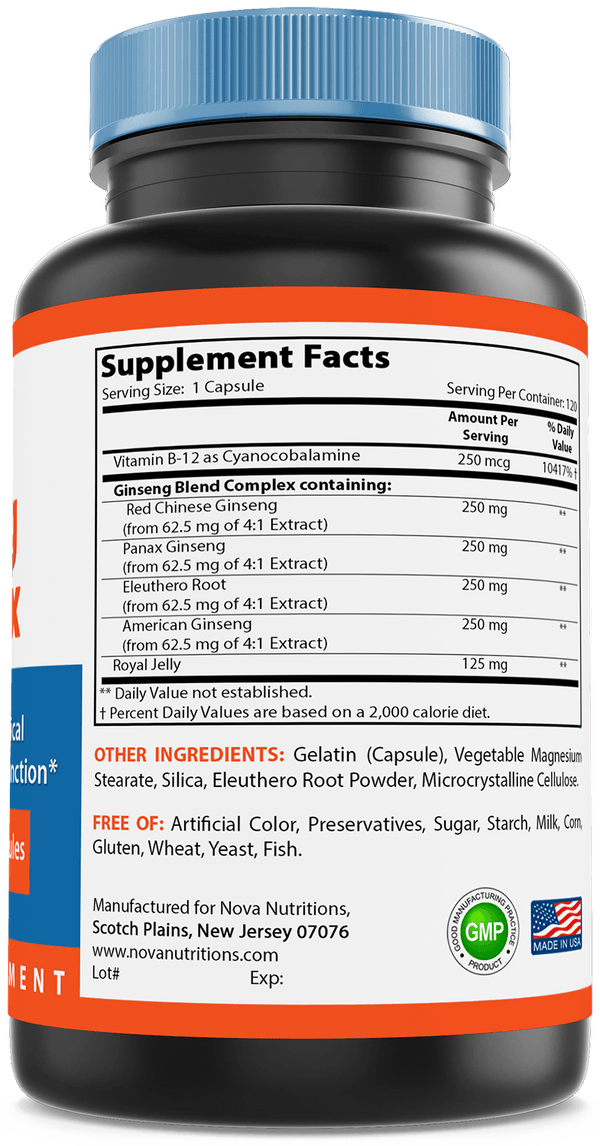 Nova Nutritions Ginseng Complex 1000 mg capsule - Made with Red Chinese Ginseng, Panax Ginseng, Eleuthero Root & American Ginseng, 120 Count - Nova Nutritions