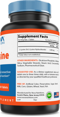 Nova Nutritions L-Lysine 1000 mg - 180 Tablets - Nova Nutritions