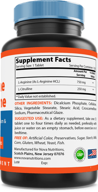 Nova Nutritions L-Arginine L-Citrulline 1000mg - Promotes Muscle Relaxation - 120 Tablets - Nova Nutritions