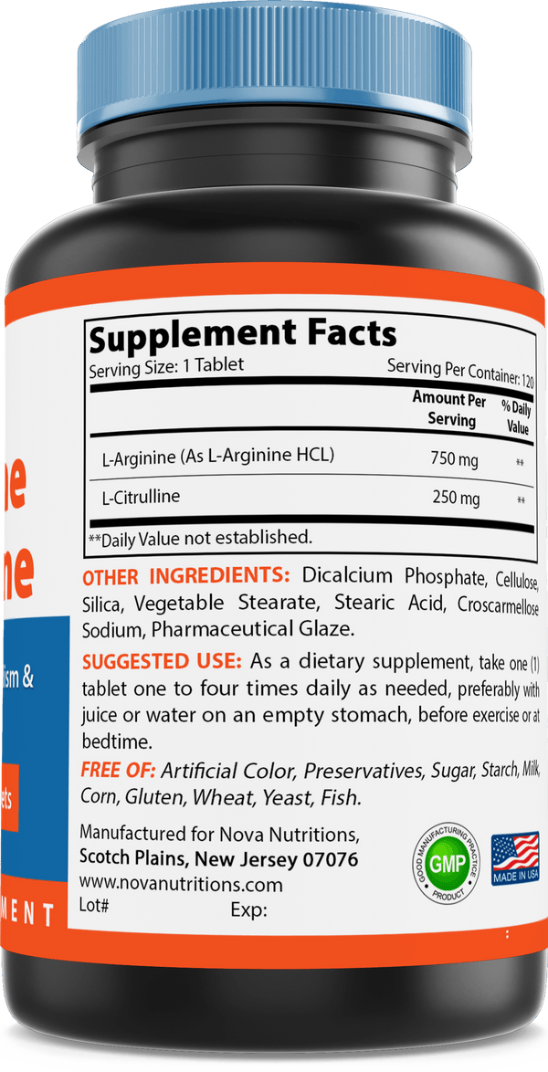 Nova Nutritions L-Arginine L-Citrulline 1000mg - Promotes Muscle Relaxation - 120 Tablets - Nova Nutritions