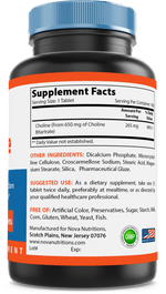 Nova Nutritions Choline Bitartrate 650 mg 180 Tablets - Promotes Cognitive function - Nova Nutritions