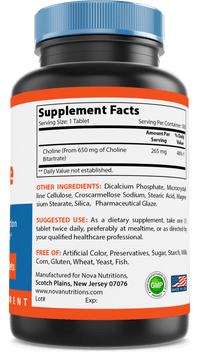 Nova Nutritions Choline Bitartrate 650 mg 180 Tablets - Promotes Cognitive function - Nova Nutritions