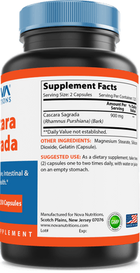Nova Nutritions Cascara Sagrada Capsules - 450mg - All Natural Laxative - 250 Capsules - Nova Nutritions