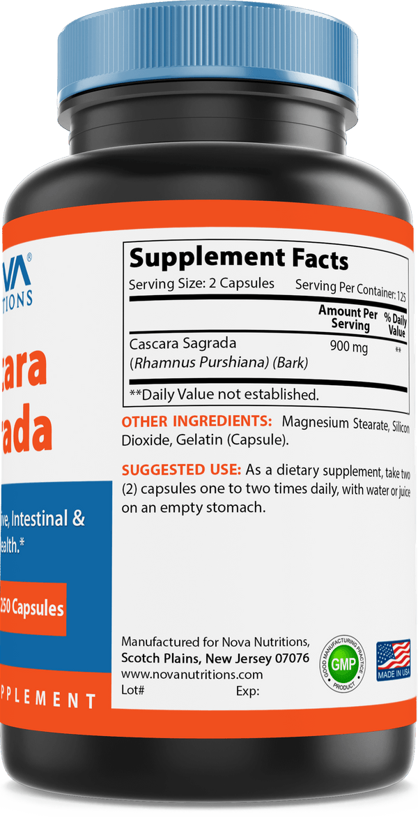 Nova Nutritions Cascara Sagrada Capsules - 450mg - All Natural Laxative - 250 Capsules - Nova Nutritions