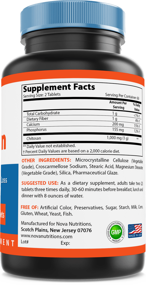 Nova Nutritions Chitosan 500 mg Tablet - Promotes Healthy Weight Management & Healthy Cholesterol Levels, 120 Count - Nova Nutritions