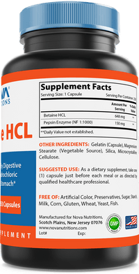 Nova Nutritions Betaine HCL with Pepsin Digestive Enzyme 648 mg 250 Capsules - Tested For Quality and Safety, Gluten Free and Non-GMO - Nova Nutritions