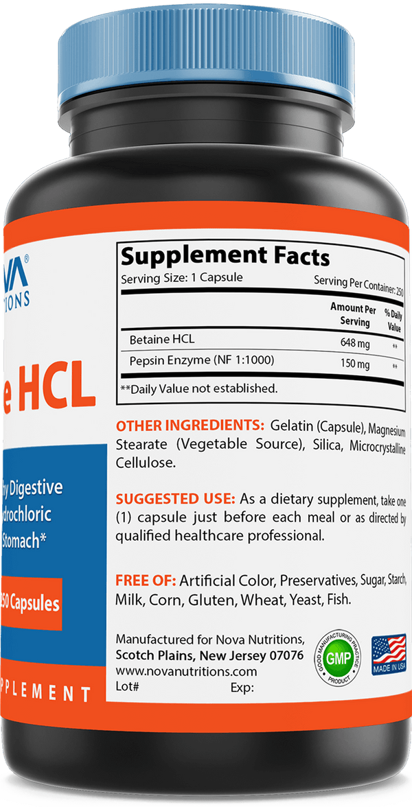 Nova Nutritions Betaine HCL with Pepsin Digestive Enzyme 648 mg 250 Capsules - Tested For Quality and Safety, Gluten Free and Non-GMO - Nova Nutritions