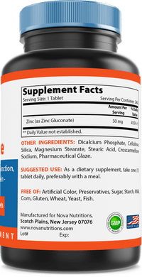 Nova Nutritions Zinc Gluconate 50mg, Supports Healthy Immune Function, 240 Tablets - Nova Nutritions