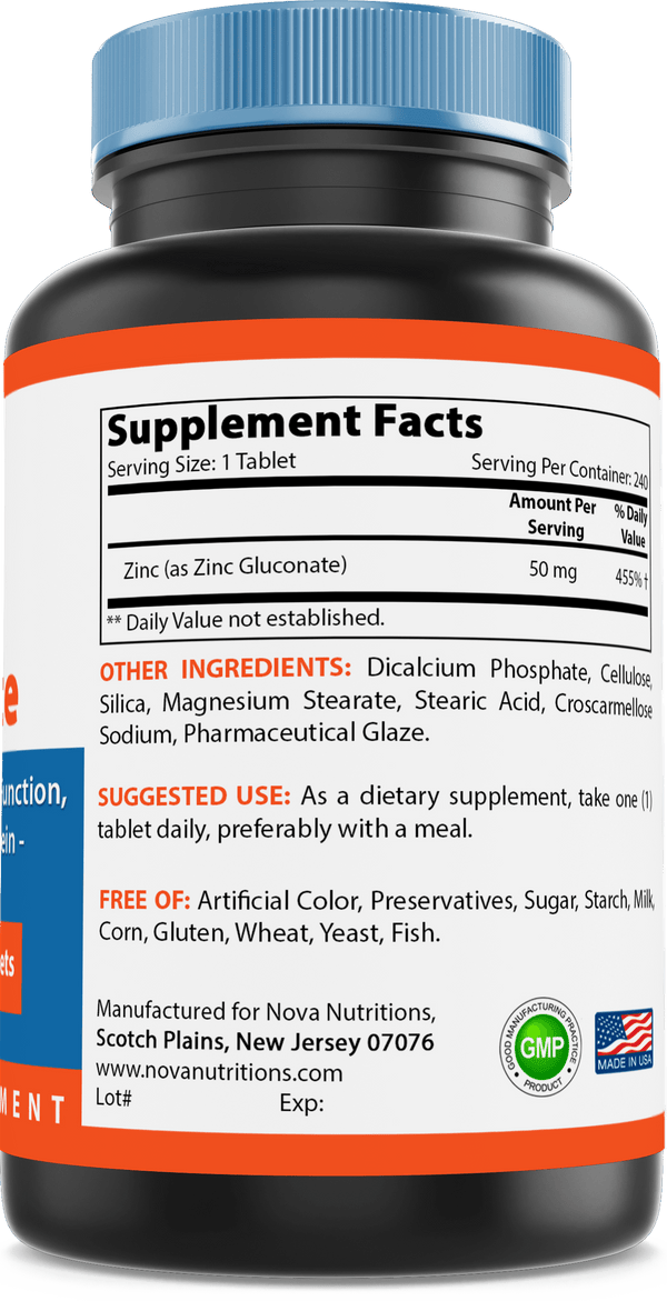 Nova Nutritions Zinc Gluconate 50mg, Supports Healthy Immune Function, 240 Tablets - Nova Nutritions