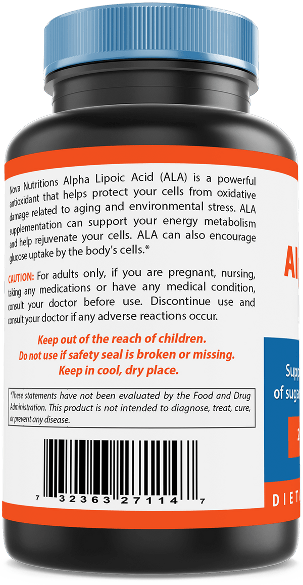 Nova Nutritions Alpha Lipoic Acid ALA 200 mg (Non-GMO) for Healthy Blood Sugar Support & Antioxidant Support, 120 Capsules - Nova Nutritions