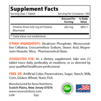 Nova Nutritions Choline Bitartrate 650 mg 180 Tablets - Promotes Cognitive function - Nova Nutritions