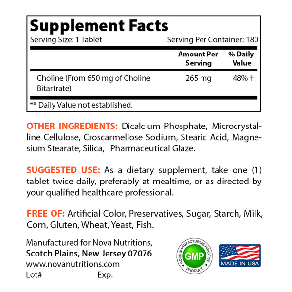 Nova Nutritions Choline Bitartrate 650 mg 180 Tablets - Promotes Cognitive function - Nova Nutritions