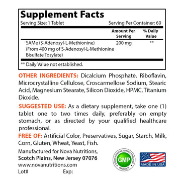 Nova Nutritions Same (S-Adenosylmethionine) 200mg - Promotes Positive Mood and Joint Comfort - (Genuine Same Supplement has Typical Smell of Naturally Occurring Sulfur in it), 60 Tablets