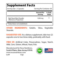 Nova Nutritions Red Yeast Rice 1200 mg. for Cholesterol Support Capsules 120 ct - Nova Nutritions