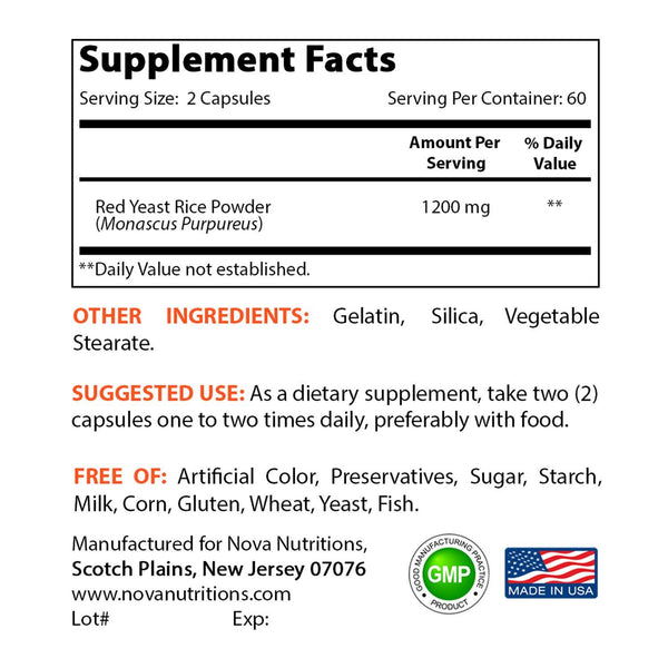 Nova Nutritions Red Yeast Rice 1200 mg. for Cholesterol Support Capsules 120 ct - Nova Nutritions