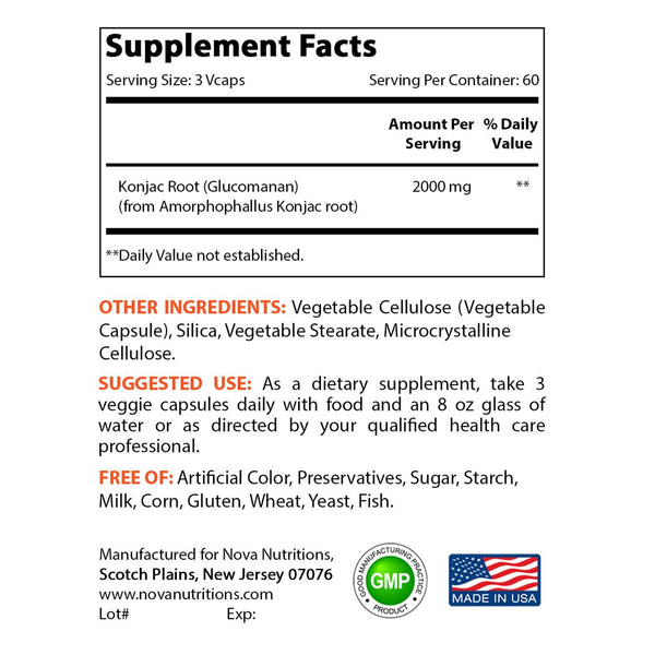 Nova Nutritions Konjac Root Glucomannan Capsules 2000 mg/Serving Veggie Caps - Promotes Regularity, Digestive Health & Healthy Weight Management, 180 Count - Nova Nutritions