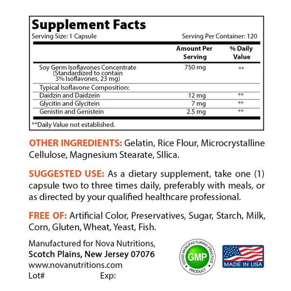 Nova Nutritions Soy Isoflavones 750 mg 120 Capsules - Nova Nutritions