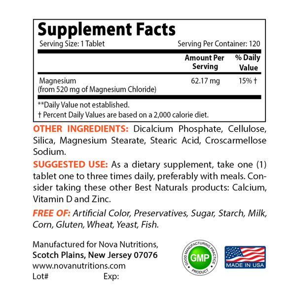 Nova Nutritions Magnesium Chloride 520mg - Supports Healthy Nervous System - 120 Tablets - Nova Nutritions