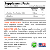 Nova Nutritions L-Arginine L-Citrulline 1000mg - Promotes Muscle Relaxation - 120 Tablets - Nova Nutritions