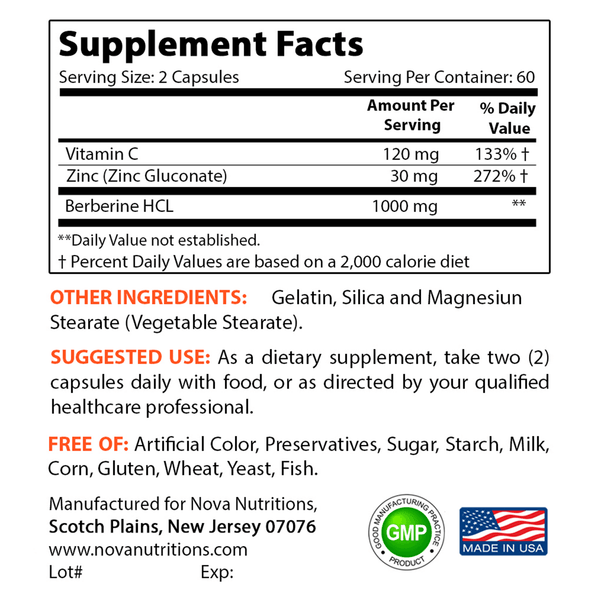 Nova Nutritions Berberine Plus 1000 mg per Serving (Non-GMO) 120 Capsules - Promotes Healthy Blood Sugar Level - Nova Nutritions