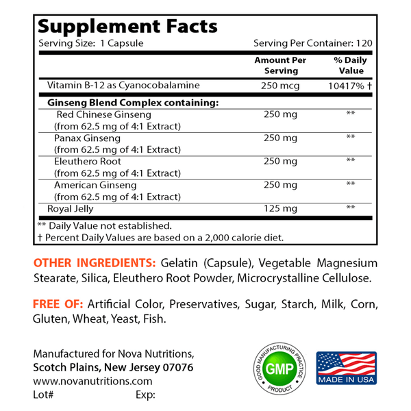 Nova Nutritions Ginseng Complex 1000 mg capsule - Made with Red Chinese Ginseng, Panax Ginseng, Eleuthero Root & American Ginseng, 120 Count - Nova Nutritions