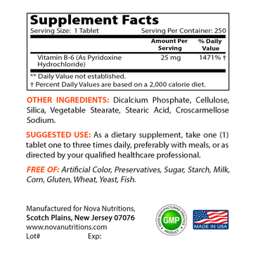 Nova Nutritions Vitamin B6 25 mg - Supports Healthy Nervous System, Metabolism & Cell Health - 250 Tablets