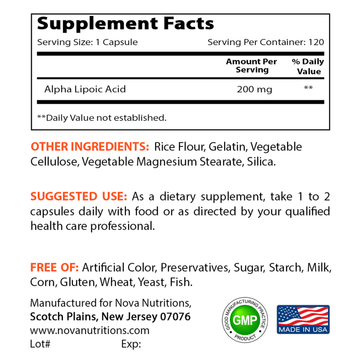 Nova Nutritions Alpha Lipoic Acid ALA 200 mg (Non-GMO) for Healthy Blood Sugar Support & Antioxidant Support, 120 Capsules