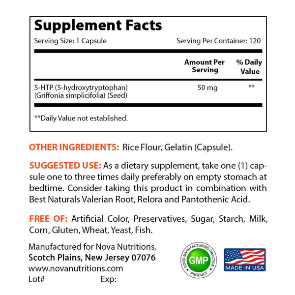 Nova Nutritions 5-HTP 50 mg 120 Capsules, 5 HTP Capsules Supports Relaxation & restful Sleep - Nova Nutritions