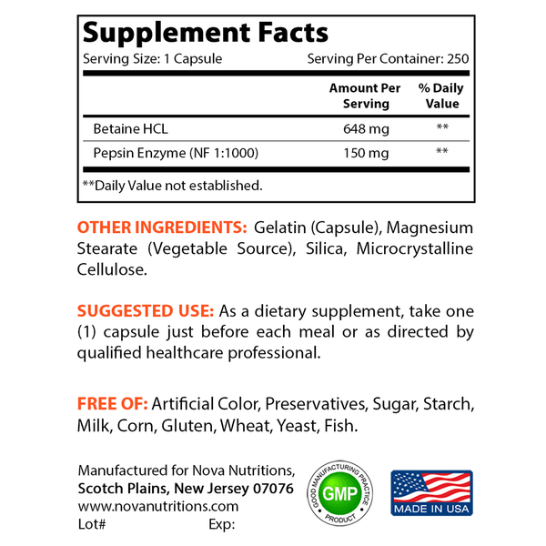 Nova Nutritions Betaine HCL with Pepsin Digestive Enzyme 648 mg 250 Capsules - Tested For Quality and Safety, Gluten Free and Non-GMO - Nova Nutritions