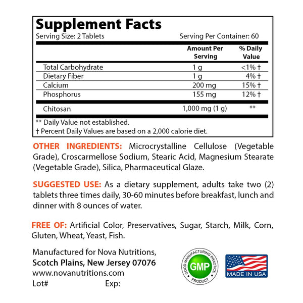 Nova Nutritions Chitosan 500 mg Tablet - Promotes Healthy Weight Management & Healthy Cholesterol Levels, 120 Count - Nova Nutritions