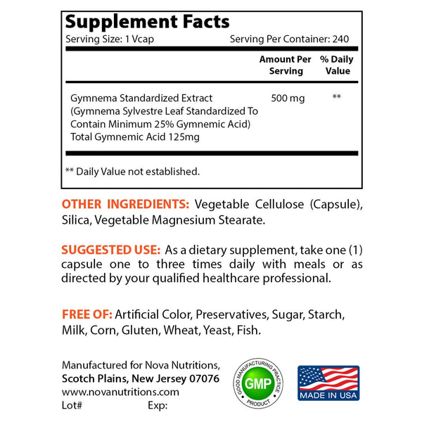 Nova Nutritions Gymnema Sylvestre 500mg Veggie Capsules for Healthy Glucose Metabolism & Craving, 240 Count - Nova Nutritions
