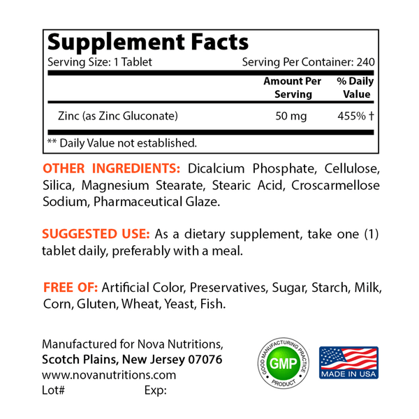 Nova Nutritions Zinc Gluconate 50mg, Supports Healthy Immune Function, 240 Tablets - Nova Nutritions